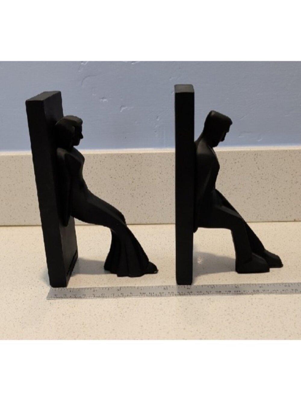 Chris Collicott Bookends Pair Man Woman Sculpture Black Art Deco Cubist Realism - Picture 13 of 16
